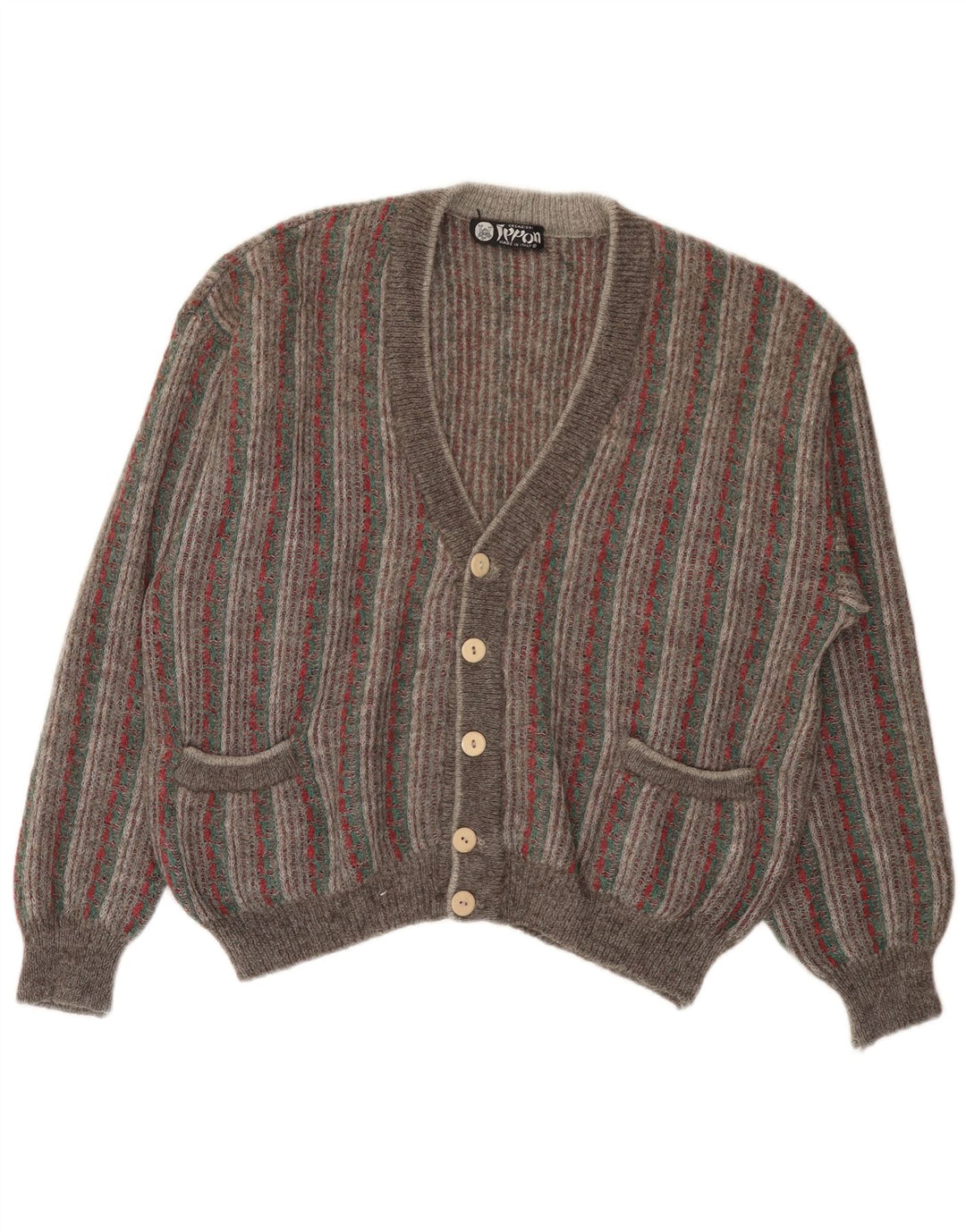 Maglione cardigan vintage da uomo a righe grigie grandi
