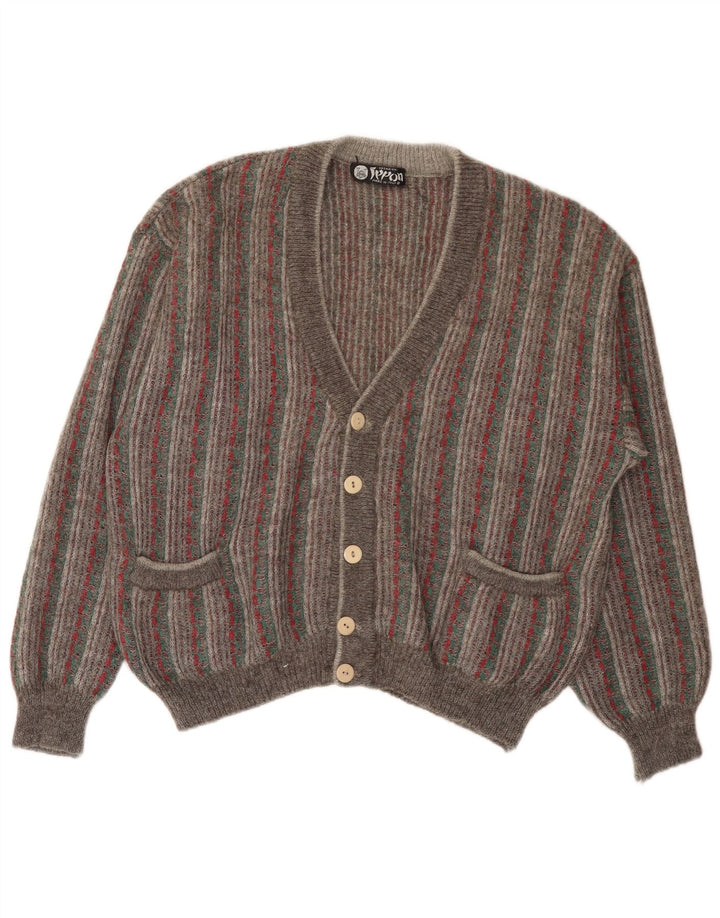 Maglione cardigan vintage da uomo a righe grigie grandi