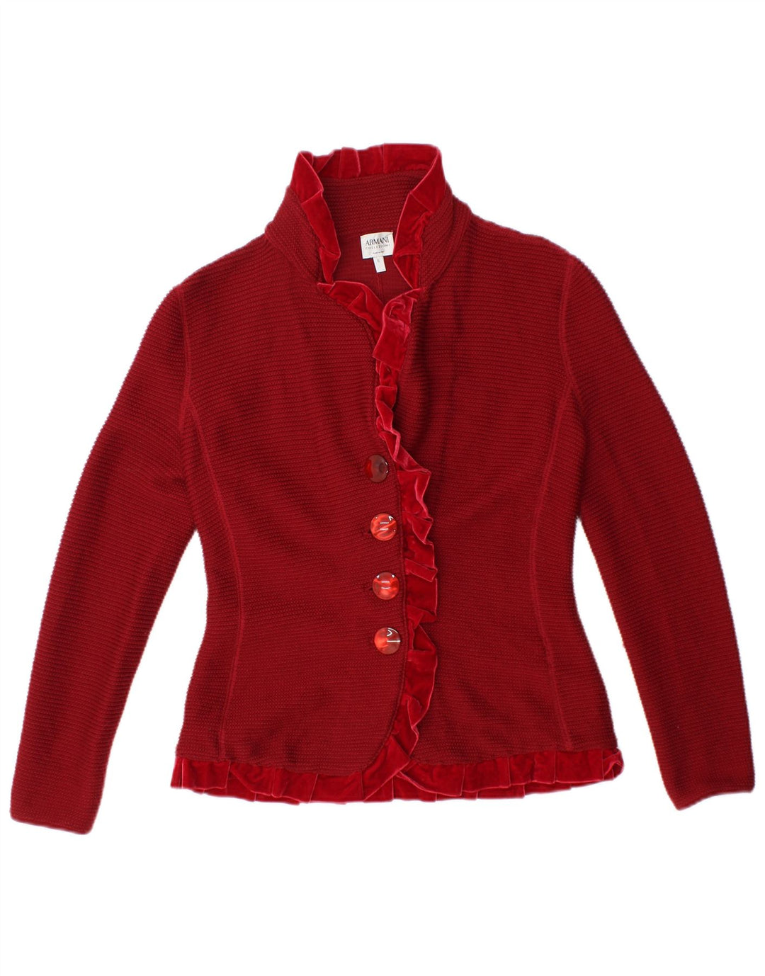ARMANI COLLEZIONI Maglione cardigan da donna con volant sul davanti US 6 rosso medio
