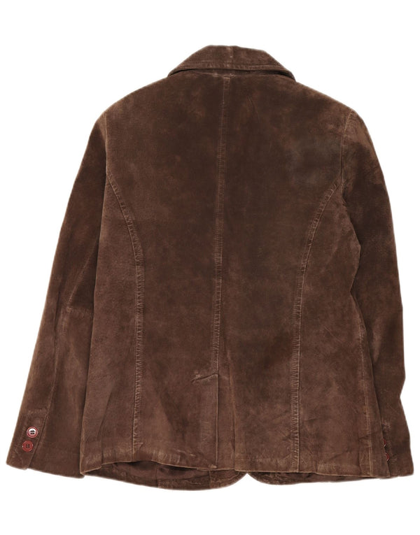 Giacca blazer autentica da donna in pelle scamosciata a 2 bottoni IT 40 piccola in pelle marrone