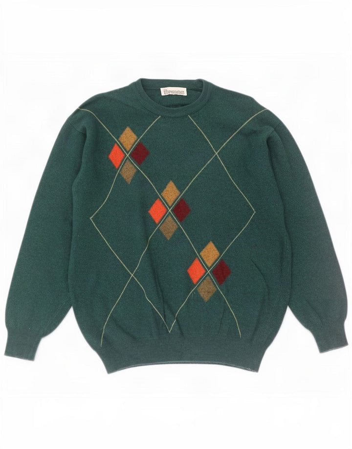 Maglione maglione girocollo da uomo vintage verde medio a rombi/diamante