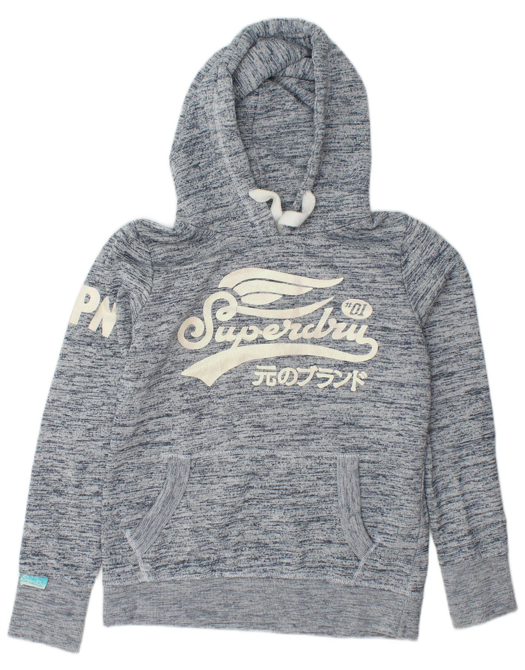 Maglione con cappuccio grafico da donna SUPERDRY UK 16 Grande cotone screziato blu navy