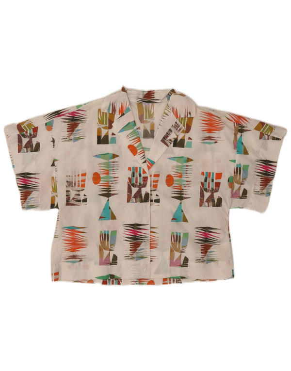 Camicetta camicia a maniche corte da donna vintage UK 10 piccolo cotone geometrico bianco