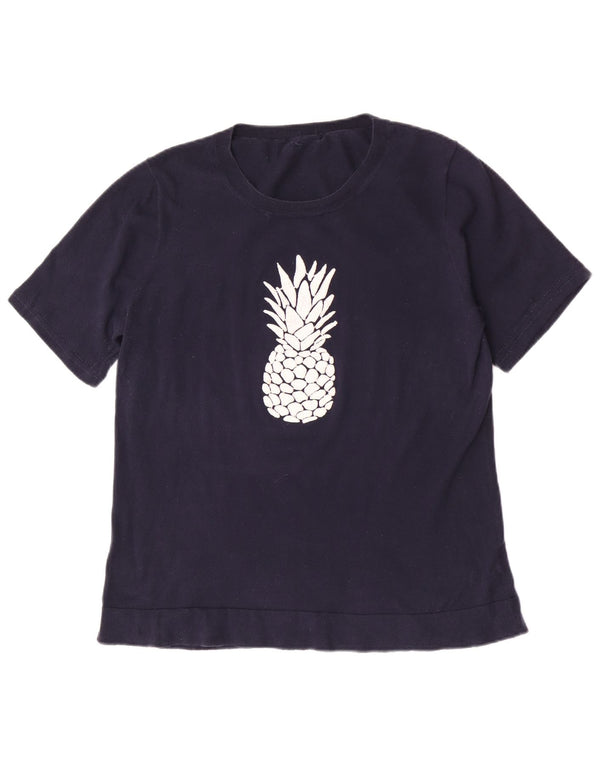 T-shirt grafica da donna vintage Top UK 10 piccola in cotone blu navy