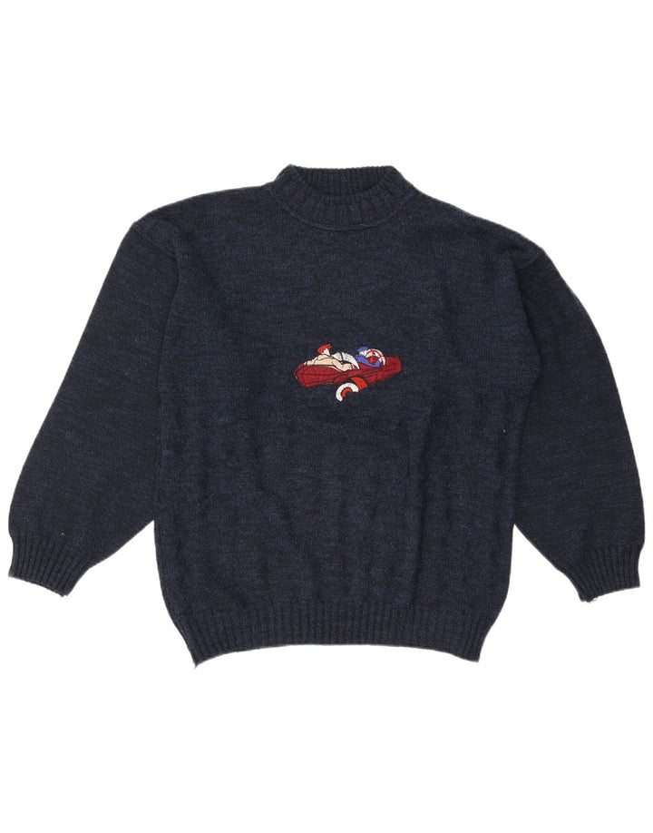 Maglione da uomo vintage con collo alto e grafica, grande blu navy