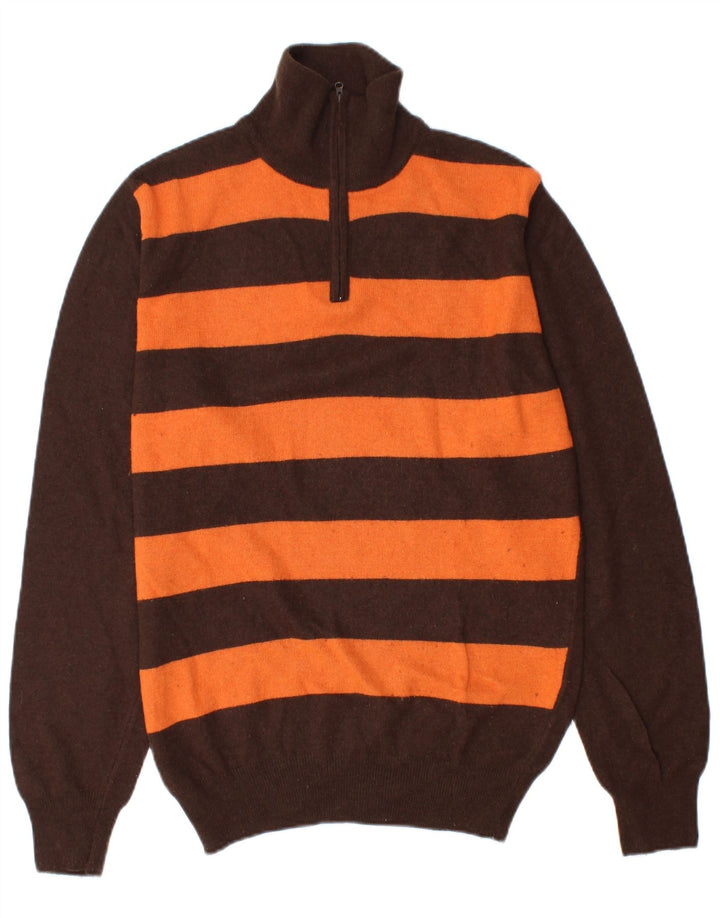 Maglione Lee da uomo con zip e collo, in lana merino a righe marroni grandi