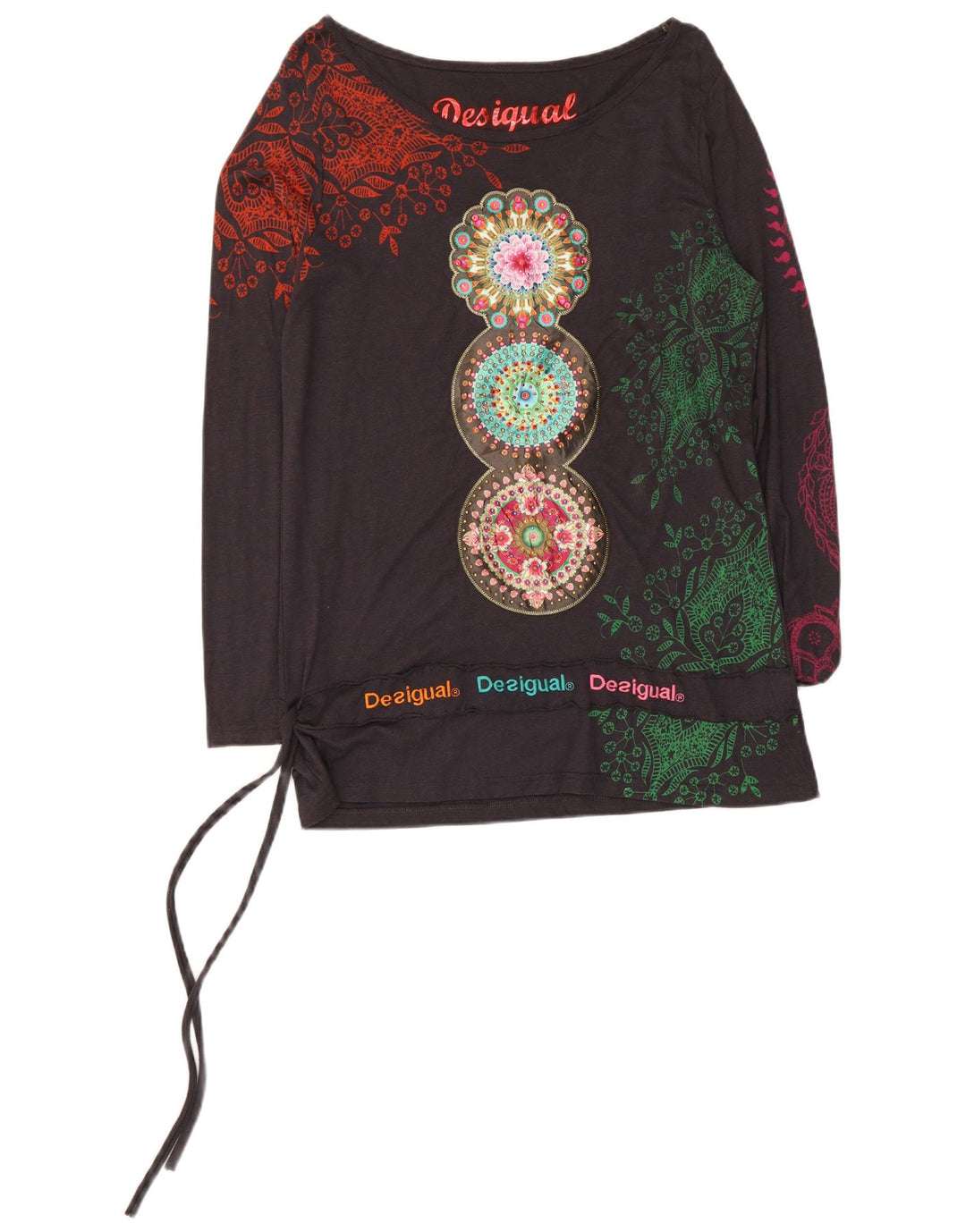 Desigual Donna Graphic Top Manica Lunga UK 12 Medio Nero Floreale