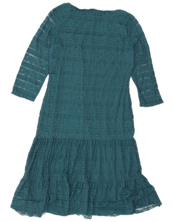Marks & Spencer Womens 3/4 Sleeve Drop Waist Dress UK 14 Large Green