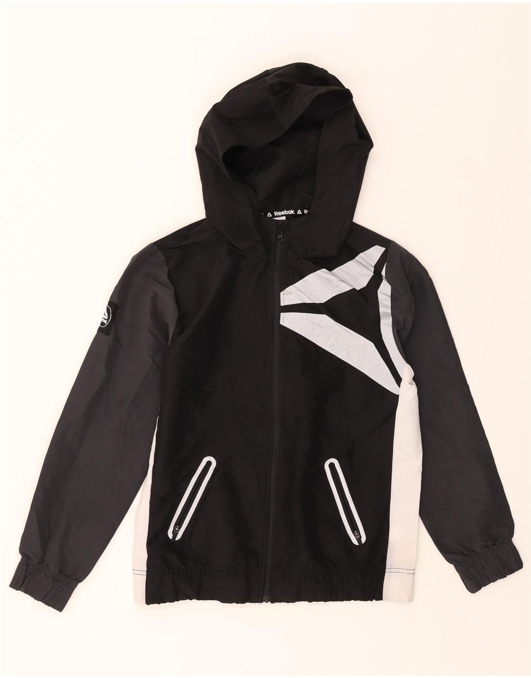 REEBOK Boys Graphic Hooded Rain Jacket 10-11 Years Large Black Colourblock Vintage Reebok and Second-Hand Reebok from Messina Hembry 