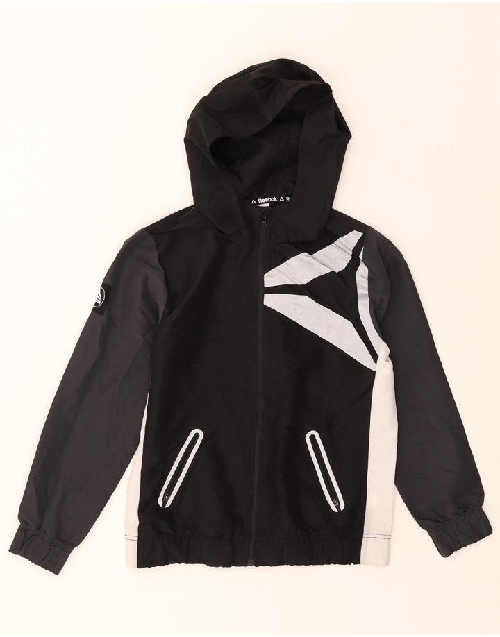 REEBOK Boys Graphic Hooded Rain Jacket 10-11 Years Large Black Colourblock Vintage Reebok and Second-Hand Reebok from Messina Hembry 