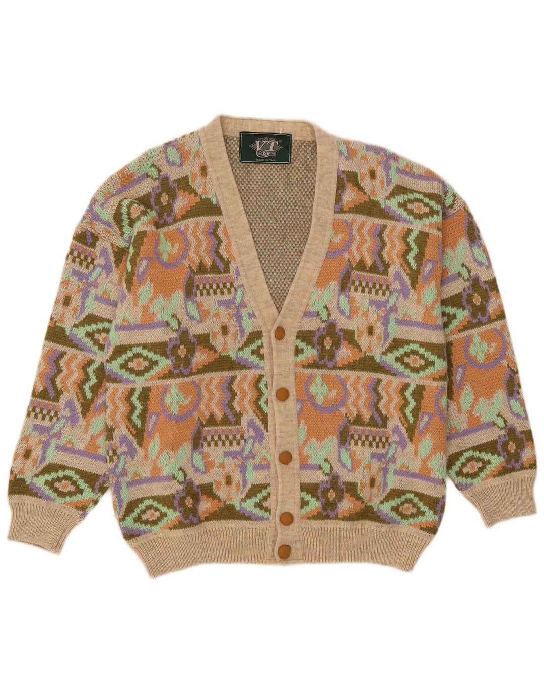 Maglione cardigan da uomo vintage in acrilico geometrico multicolore medio