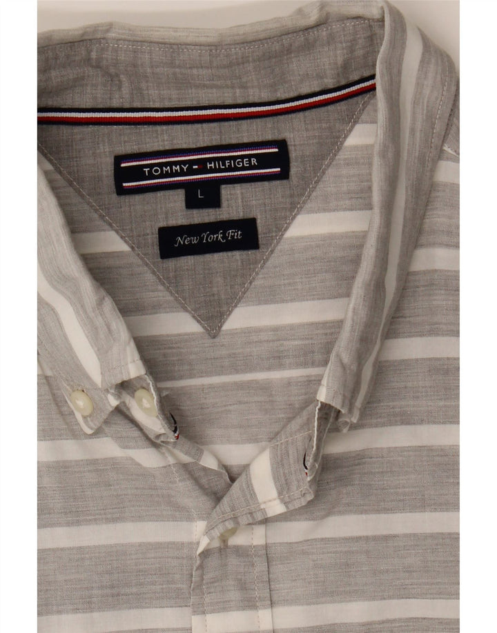 TOMMY HILFIGER Mens Shirt Large Grey Striped Vintage Tommy Hilfiger and Second-Hand Tommy Hilfiger from Messina Hembry 