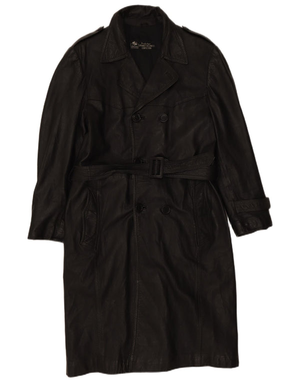 Cappotto in pelle doppiopetto militare vintage da uomo UK 36 piccolo nero