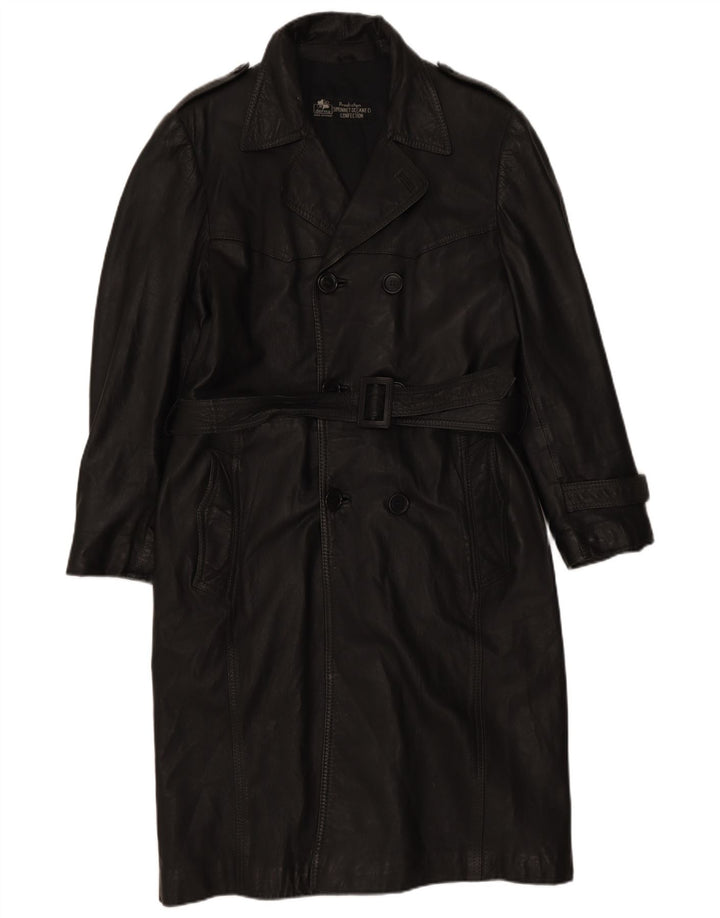 Cappotto in pelle doppiopetto militare vintage da uomo UK 36 piccolo nero