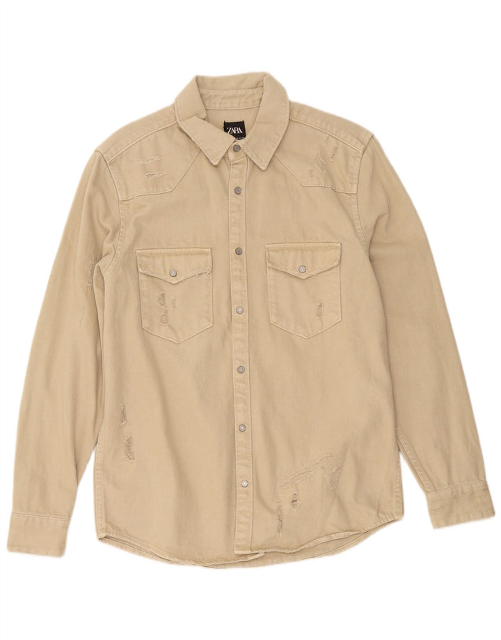 Camicia da uomo in denim invecchiato Zara, cotone beige medio