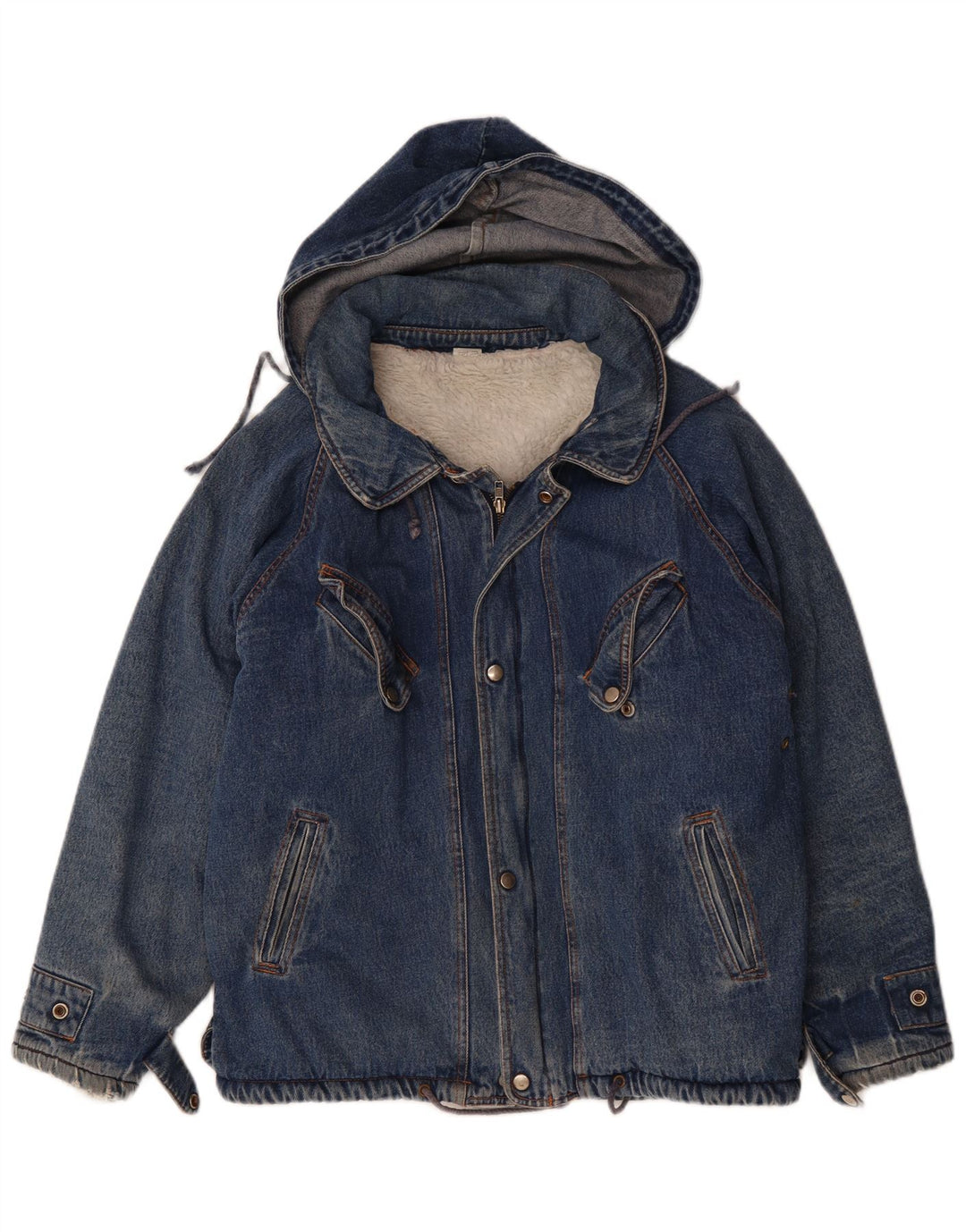 Giacca sherpa in denim oversize da uomo VINTAGE con cappuccio UK 36 piccolo cotone blu