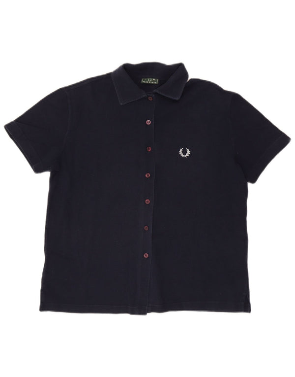 FRED PERRY Camicia a maniche corte da donna UK 18 XL Cotone blu navy