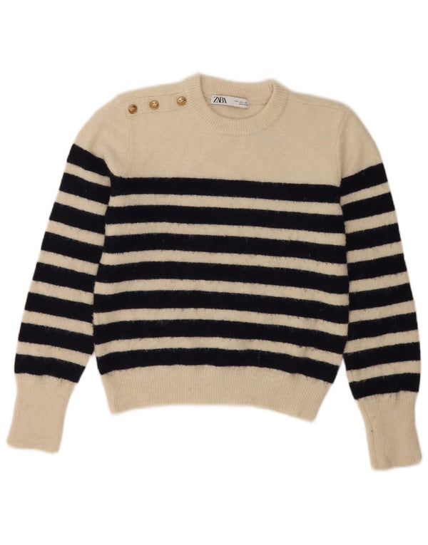 Maglione corto girocollo da donna Zara UK 14 a righe grandi bianche