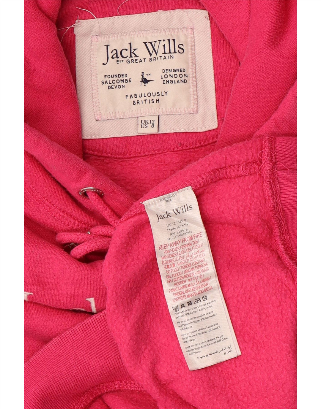 JACK WILLS Maglione da donna con cappuccio grafico oversize corto UK 12 Rosa medio