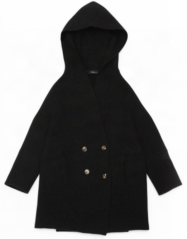 Cappotto doppiopetto con cappuccio con maniche a 3/4 da donna Zara UK 14 Blu navy medio