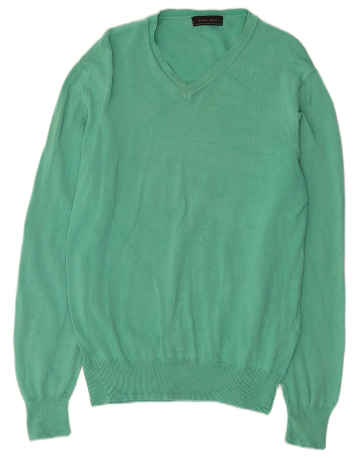Maglione Zara da uomo con scollo a V in cotone verde medio