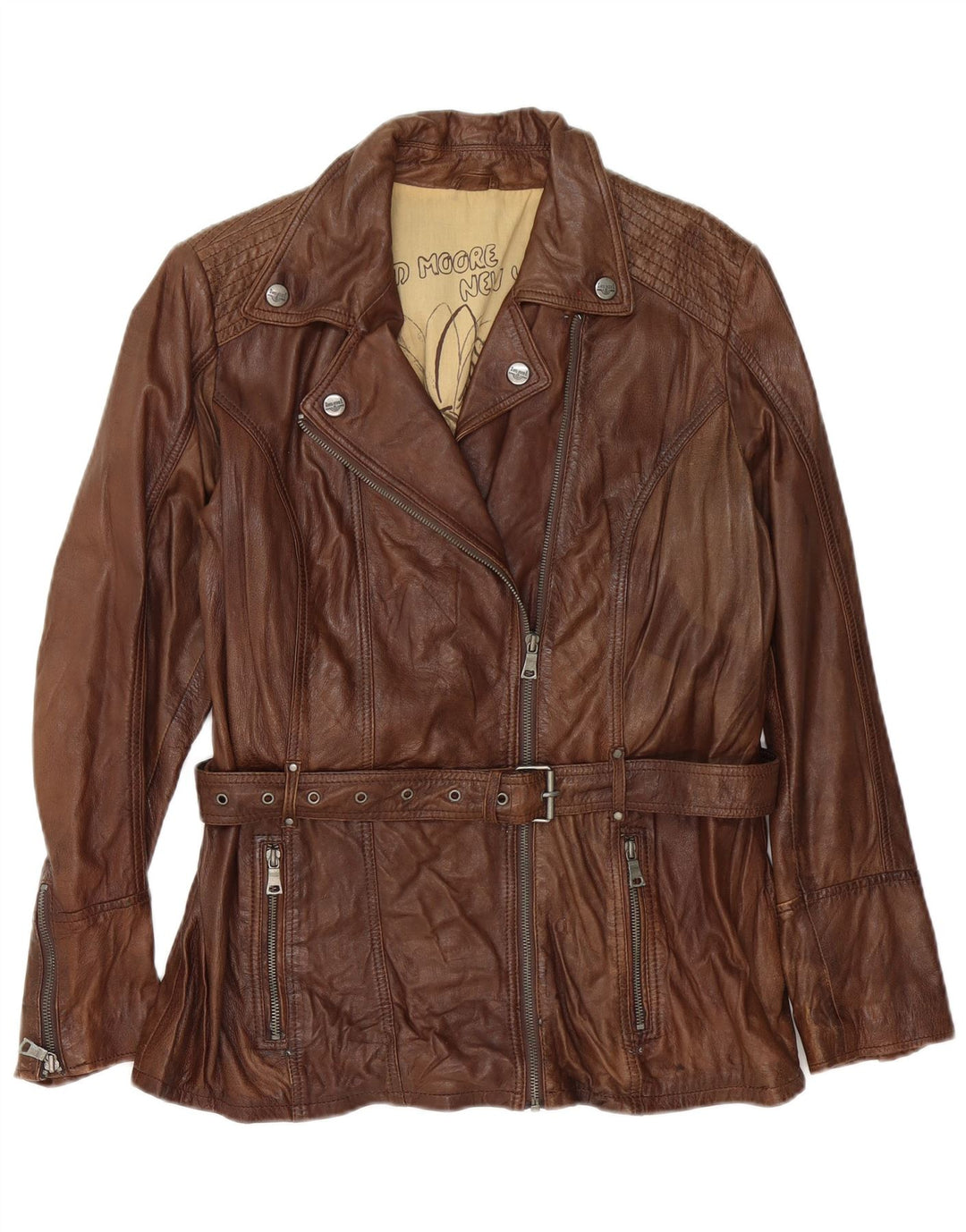 Giacca da motociclista in pelle da donna David Moore UK 16 grande marrone
