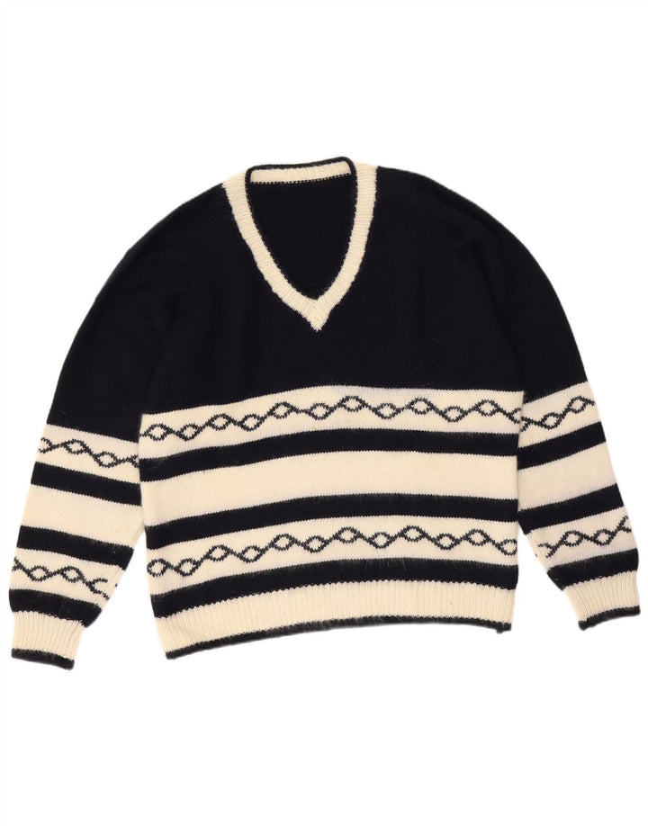 Maglione vintage da uomo con scollo a V medio blu navy geometrico