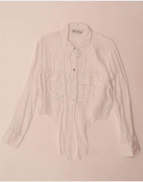 Camicia Zara da donna con cravatta corta sul davanti UK 18 XL lino bianco