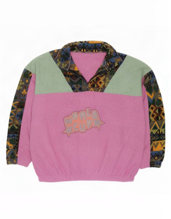 Maglione in pile da donna vintage con zip e collo UK 20 2XL rosa geometrico