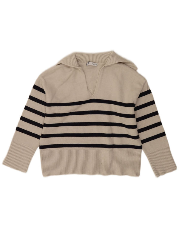 Maglione maglione a collo alto da donna Zara UK 10 piccolo a righe bianco sporco