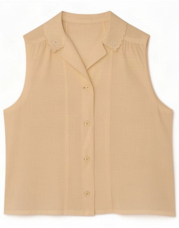 Camicia camicia senza maniche vintage da donna UK 14 medio bianco sporco floreale