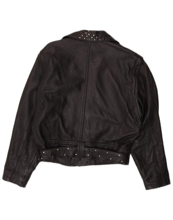 Giacca da motociclista in pelle corta da donna vintage UK 12 pelle nera media