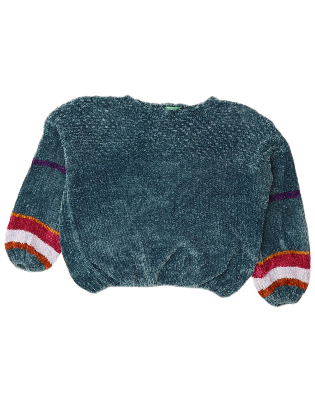 BENETTON Maglione da donna con scollo a barchetta in velluto UK 12 Verde medio a righe