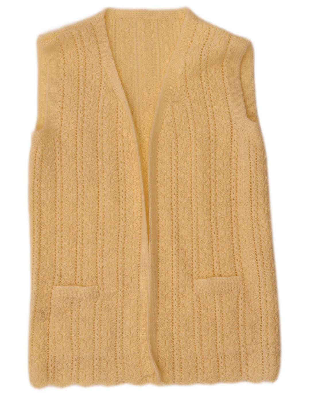 Maglione cardigan aperto senza maniche vintage da donna UK 12 giallo medio