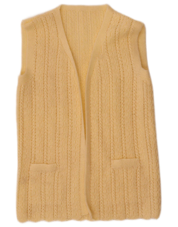 Maglione cardigan aperto senza maniche vintage da donna UK 12 giallo medio