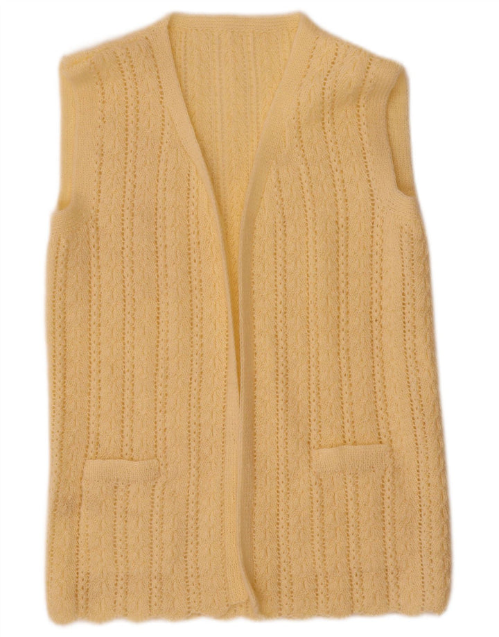 Maglione cardigan aperto senza maniche vintage da donna UK 12 giallo medio