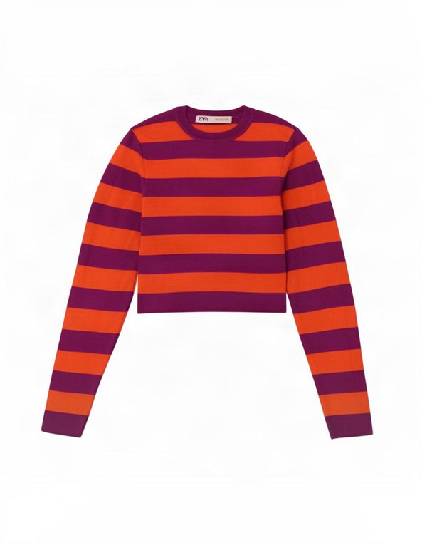 Zara Womens Crop Boat Neck Jumper Sweater UK 8 Small Purple Striped Viscose