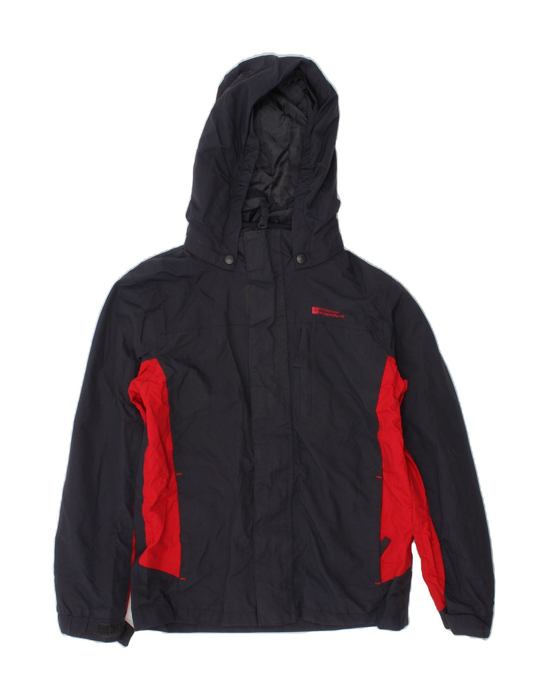MOUNTAIN WAREHOUSE Boys Hooded Rain Jacket 7-8 Years Navy Blue Colourblock Vintage Mountain Warehouse and Second-Hand Mountain Warehouse from Messina Hembry 