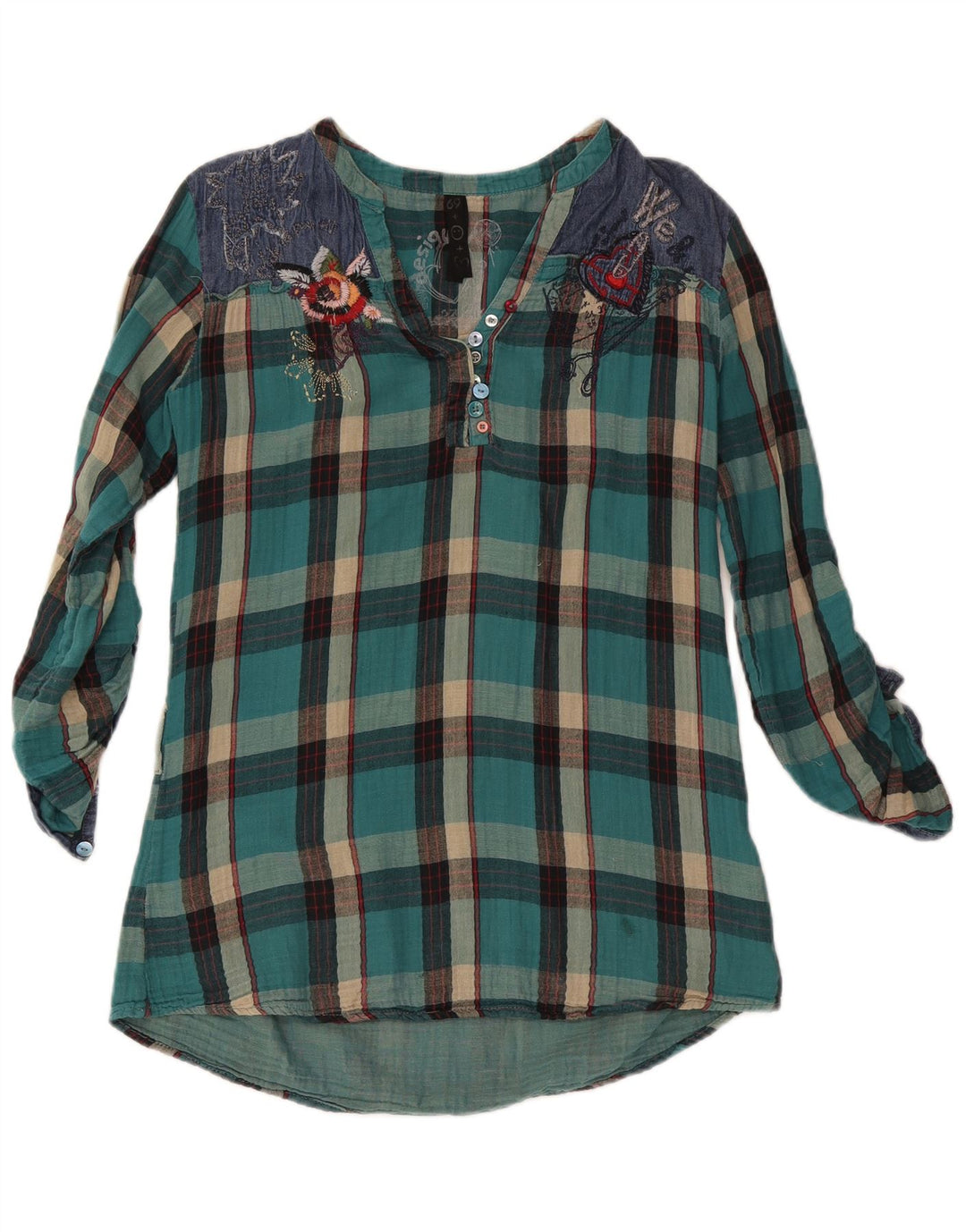 Desigual Donna Camicetta a Maniche Lunghe Top UK 16 Grande Turchese a Quadri