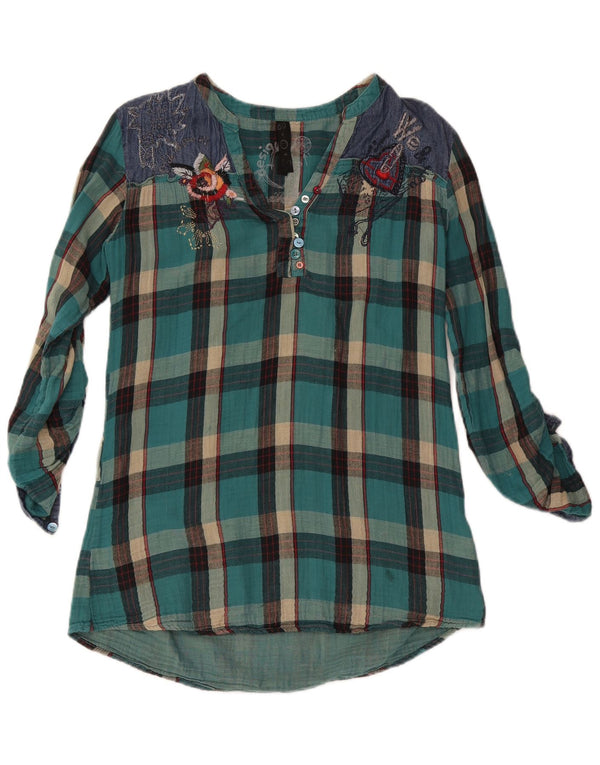 Desigual Donna Camicetta a Maniche Lunghe Top UK 16 Grande Turchese a Quadri