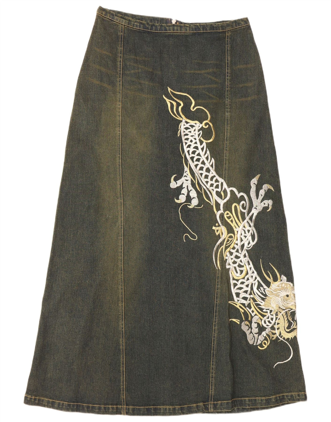 Gonna in denim grafico da donna VINTAGE UK 12 medio W30 cotone blu