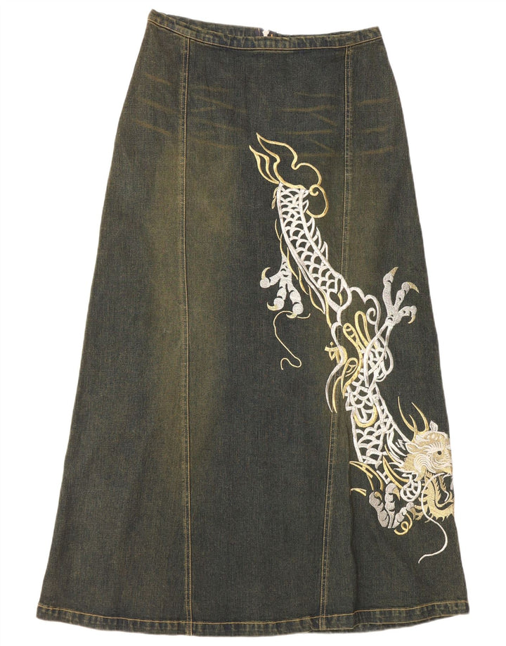 Gonna in denim grafico da donna VINTAGE UK 12 medio W30 cotone blu