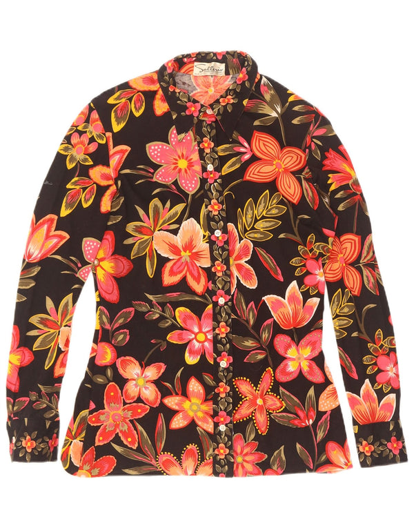 Camicetta camicia da donna vintage UK 12 cotone floreale nero medio