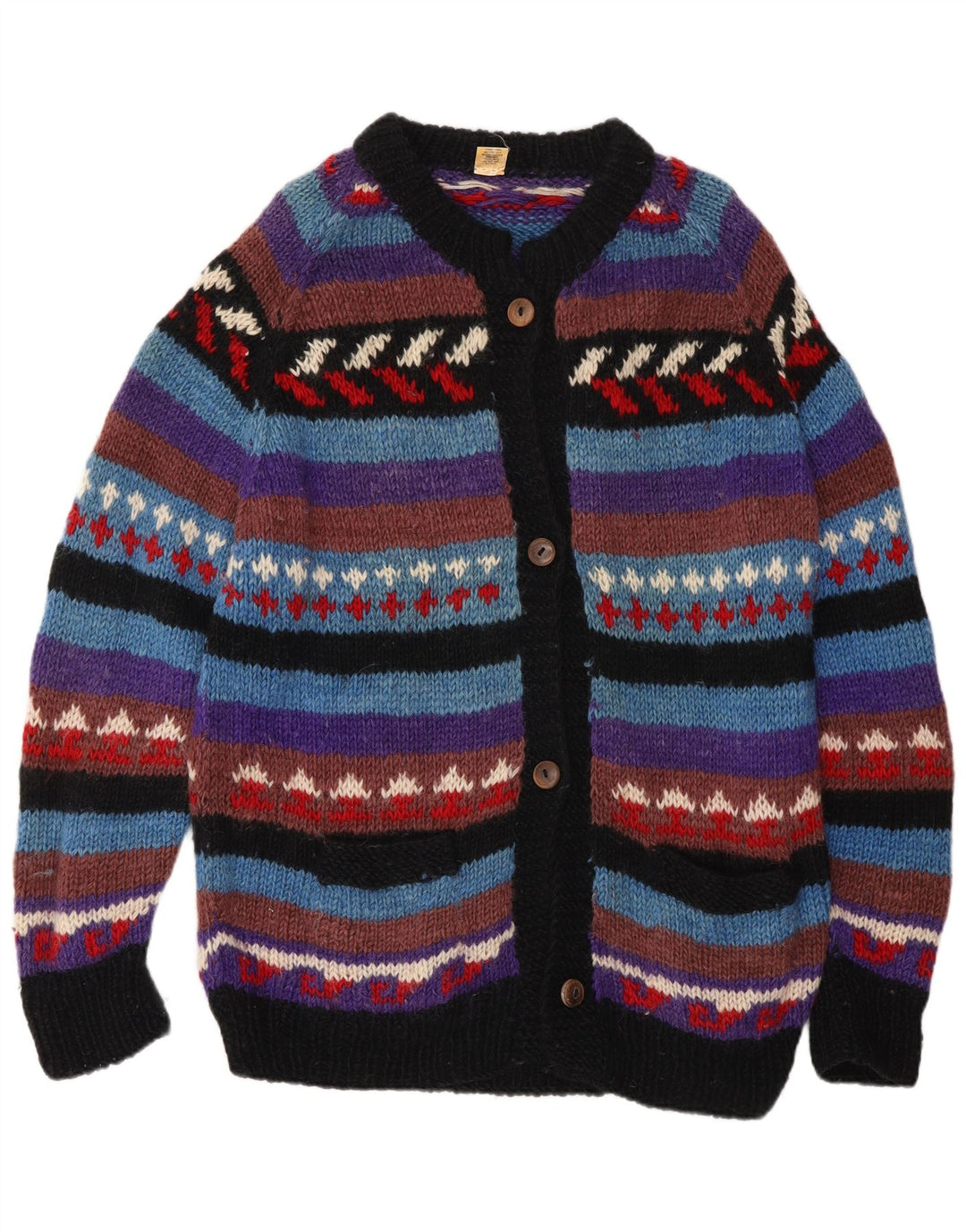 Maglione cardigan da donna vintage UK 16 grande lana a righe blu