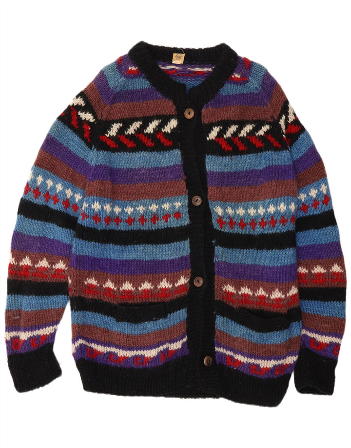 Maglione cardigan da donna vintage UK 16 grande lana a righe blu