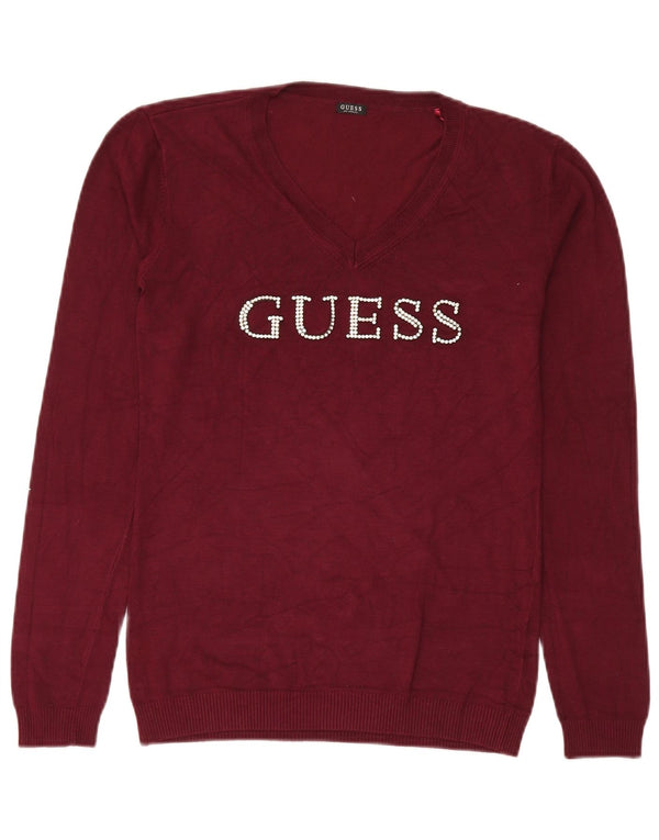 Guess maglione da donna con scollo a V grafico UK 14 grande bordeaux