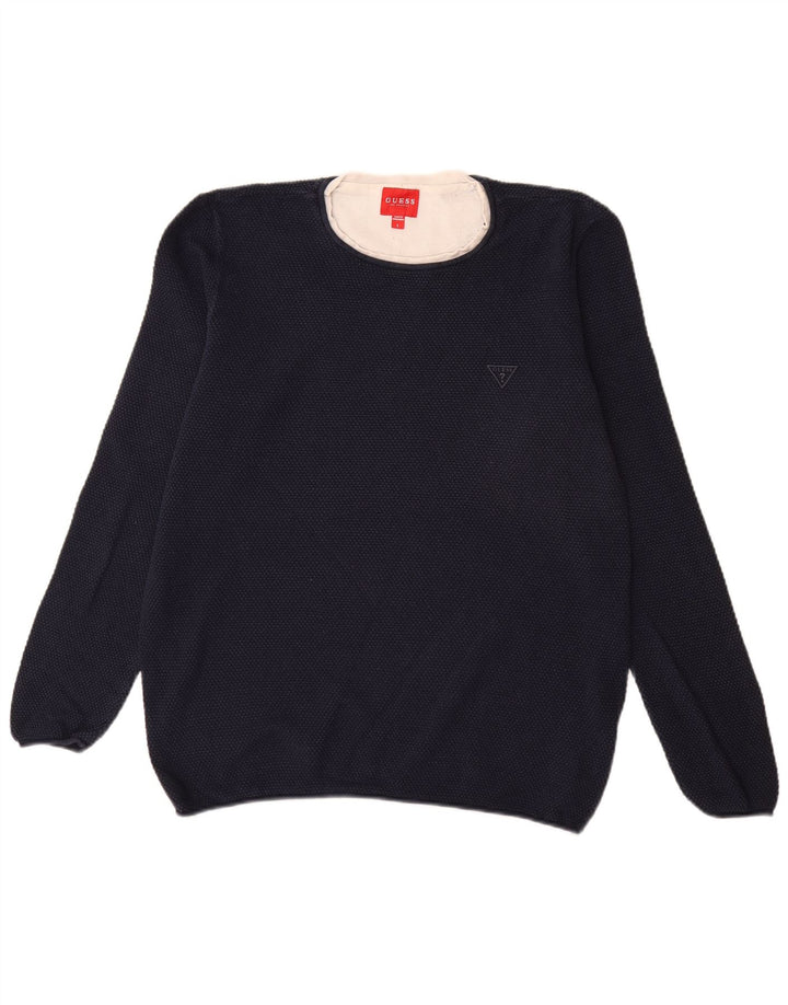 Maglione maglione girocollo da uomo Guess grande in cotone blu navy
