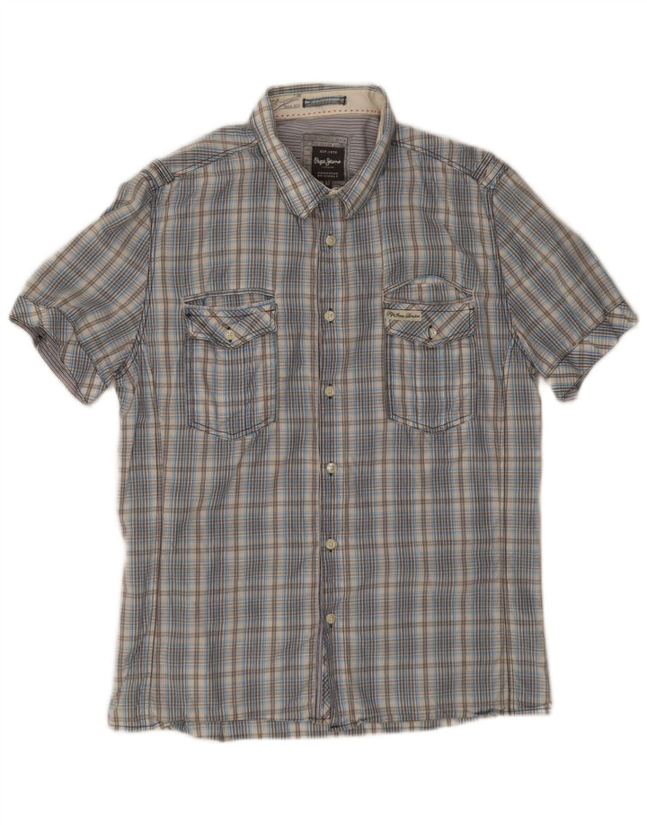 PEPE Jeans Camicia da uomo a maniche corte slim fit in cotone a quadri blu medio