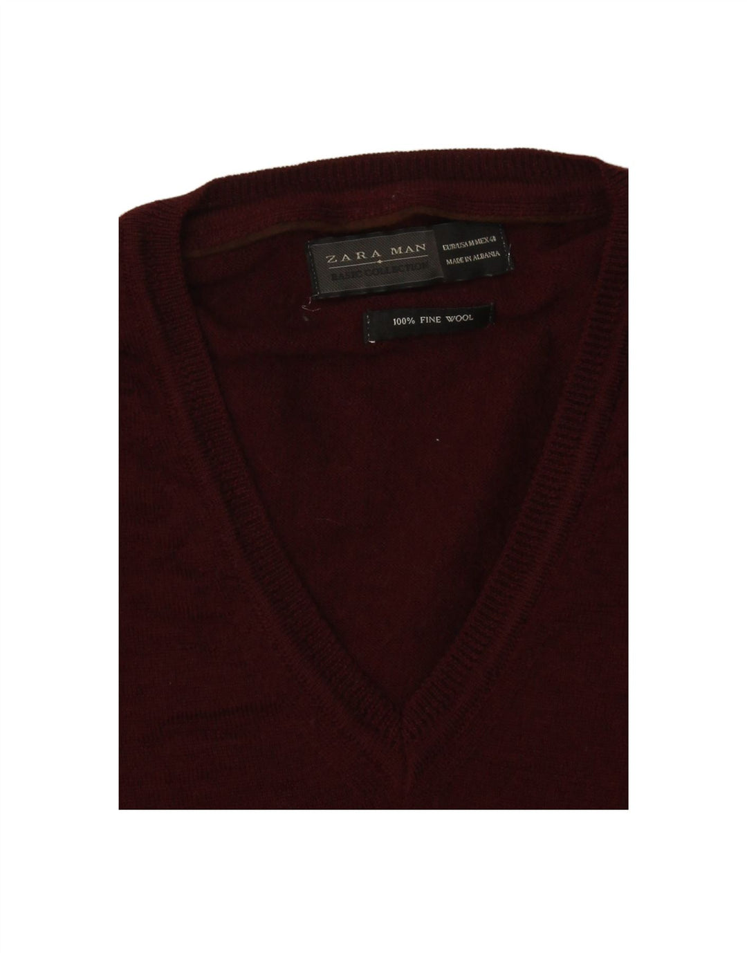 ZARA Mens V-Neck Jumper Sweater Medium Burgundy Wool