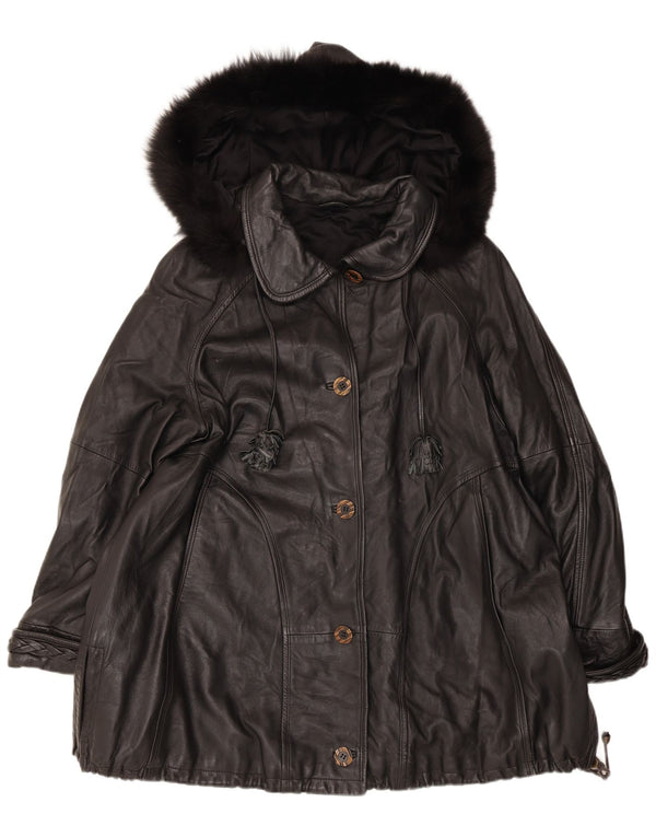 Cappotto oversize in pelle vintage con cappuccio da donna IT 44 medio nero